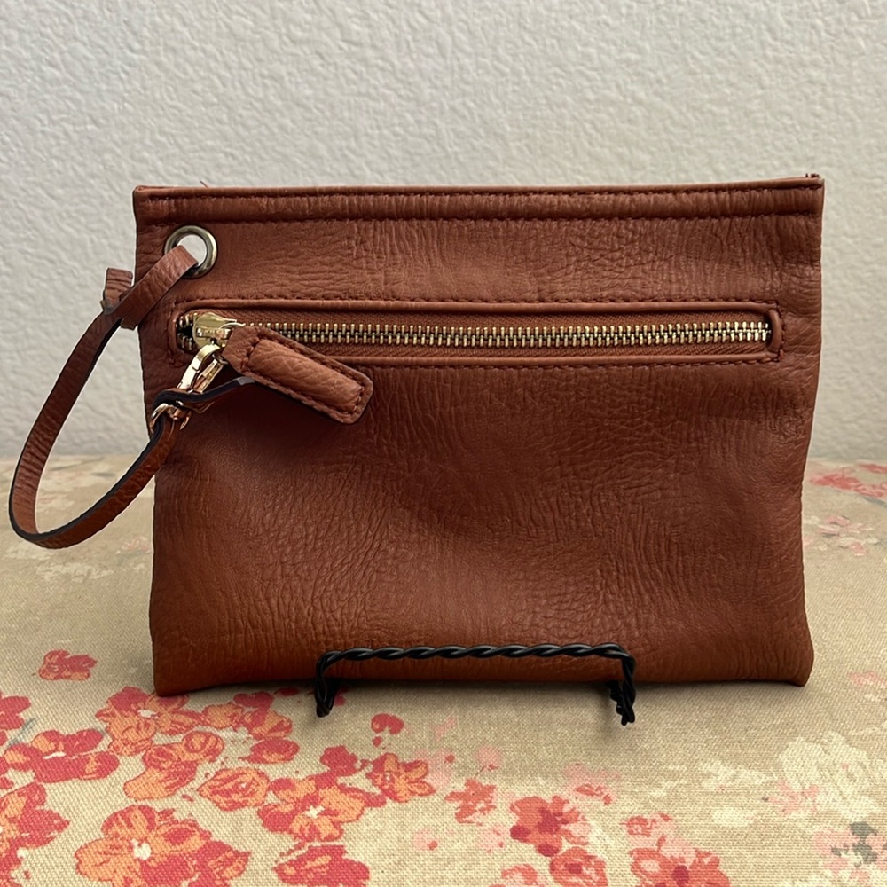 Lucky Brand Faux Leather Brown Small Pouch Zipper Bag, Make Up, Travel, Flat